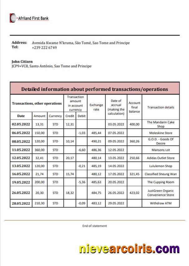 Sao Tome and Principe Afriland First Bank statement